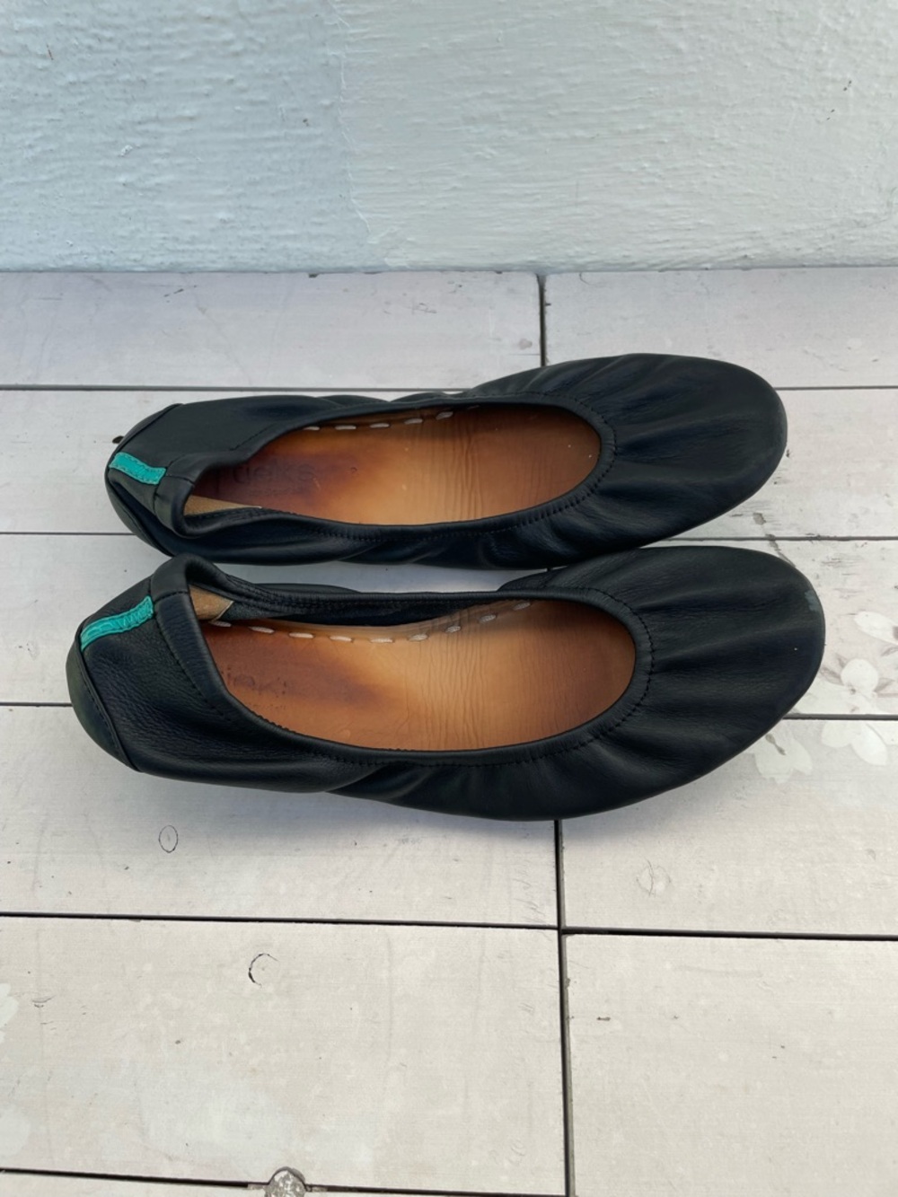 Tieks Black Leather Ballet Flats with Teal Tab - Picture 3 of 8